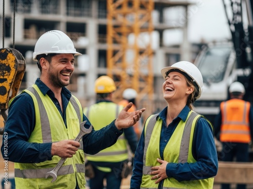 Two smiling construction workers, a man holding a wrench and a woman, share a laugh on a busy building site, wearing hard hats and high-vis vests.
