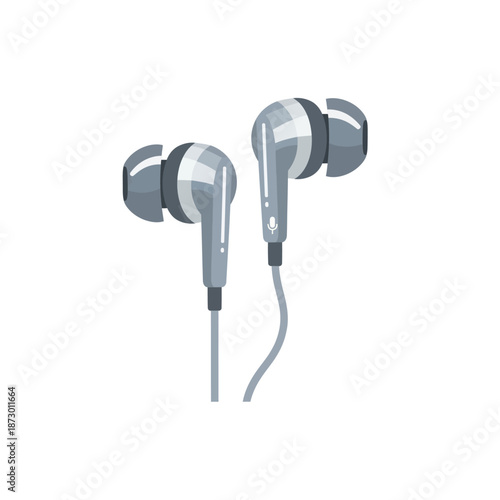 Modern gray in-ear headphones with microphone icon, isolated on white background