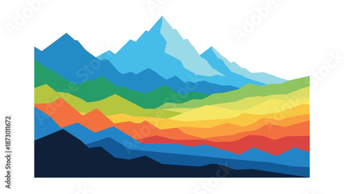 Abstract layered mountain range illustration showcasing a vibrant spectrum of colors stacked horizontally creating a panoramic landscape view
