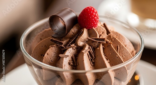 Wallpaper Mural Rich chocolate mousse in a glass bowl topped with a raspberry and chocolate shavings. Torontodigital.ca