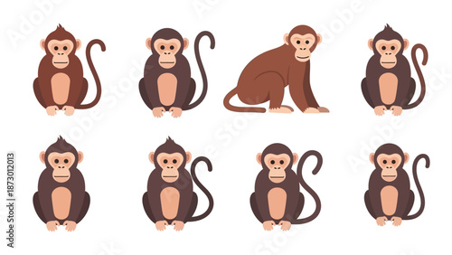 Collection of cute cartoon chimpanzee characters displaying different poses including sitting and standing postures for children's designs