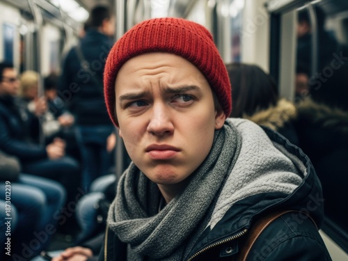 Close-up of a young man wearing a red beanie and scarf on a crowded subway train, displaying a troubled, annoyed, or confused expression with furrowed brows.