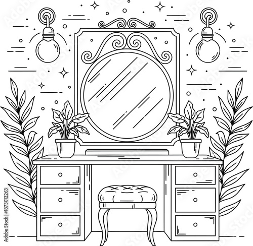 Vanity Table Interior Line Art Vector
