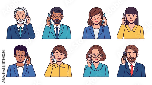 Collection of diverse business people including men and women of various ages communicating clearly using their smartphones for important professional conversations and connection.