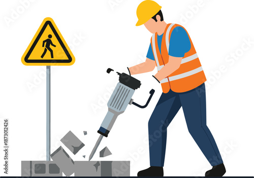 Construction Worker Using Jackhammer Breaking Concrete Roadwork Safety Warning Flat Vector Illustration