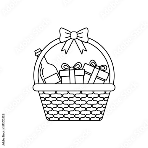 Gift Basket With Bow, Presents and Bottle Icon, Outline Illustration