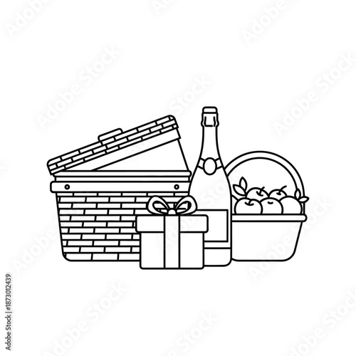 Gift Basket with Champagne and Apples, Outline Icon
