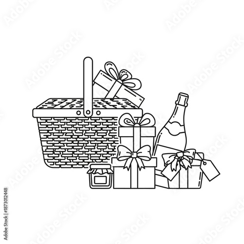 Gift Basket with Champagne and Presents Line Art Icon
