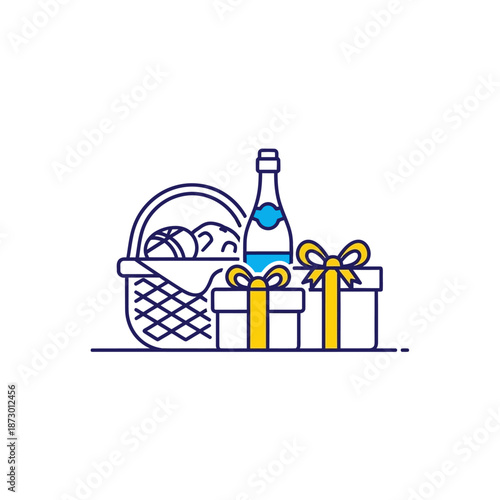 Gift Basket with Champagne and Presents, Celebration Concept Icon