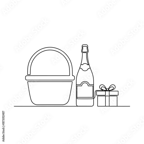 Gift basket with champagne bottle and present, minimalist line art