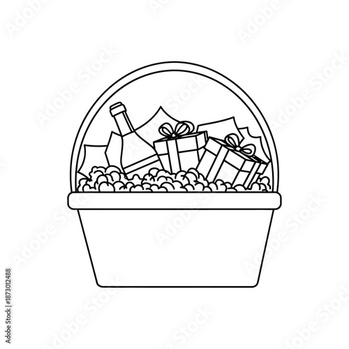 Gift basket with champagne bottle and presents in ice, outline illustration