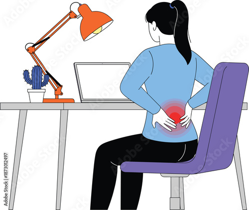 Woman Experiencing Lower Back Pain While Working at Desk Office Health Ergonomics Flat Vector Illustration