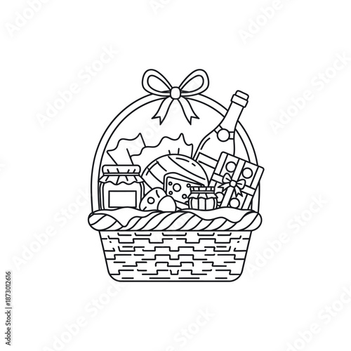 Gift Basket with Cheese, Wine, Jam, and Presents - Outline Drawing