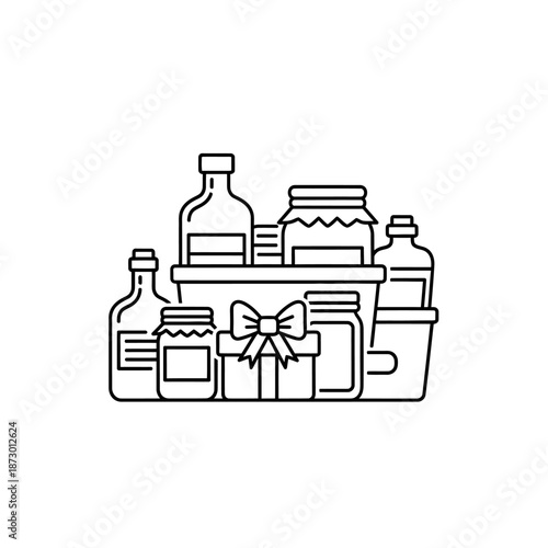 Gift Basket with Jars, Bottles, and Gift Box - Line Art Icon