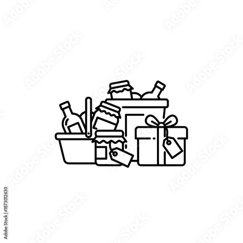 Gift basket with jars, bottles, and a wrapped present, icon illustration