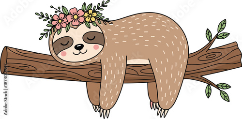 Cute Sleeping Sloth on Tree Branch with Flowers Adorable Animal Nature Cartoon Flat Vector Illustration