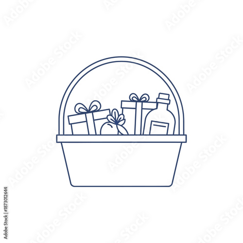 Gift basket with presents and bottle, line art icon