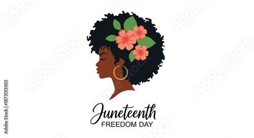 Juneteenth Freedom Day design featuring the profile of a beautiful Black woman with an afro and flowers in her hair.