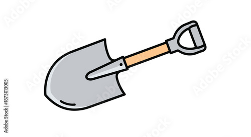 Simple cartoon illustration of a shovel with a wooden handle and metal blade, a basic tool for gardening, construction, or digging.