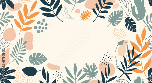Abstract botanical background with a frame of colorful leaves and organic shapes, providing copy space for text in the center.