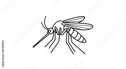 Simple black and white line art illustration of a mosquito, an insect known for spreading diseases like malaria and dengue fever.