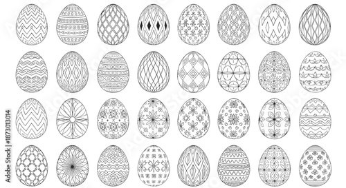Large set of Easter eggs with various intricate black and white doodle patterns and ornaments, perfect for coloring book pages.
