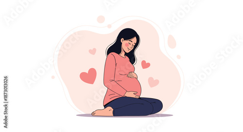 Happy pregnant woman sitting and gently holding her belly, surrounded by hearts, symbolizing love, maternity, and expecting a baby.