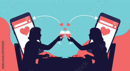 Two women on a virtual date, with their silhouettes toasting wine glasses through their smartphone screens in an online dating concept.