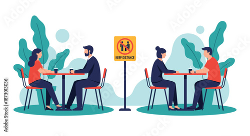People sitting at separate tables in a cafe or restaurant with a Keep Distance sign, illustrating social distancing safety measures.