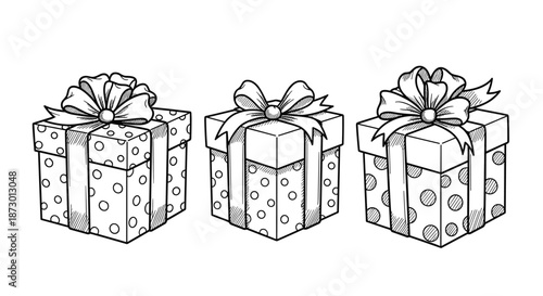 Set of three hand-drawn gift boxes with polka dot patterns and large bows, in a black and white vintage sketch style.