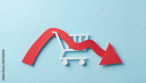 Market volatility and retail sales decline concept with red downward zigzag arrow over white shopping cart for economic news banner
