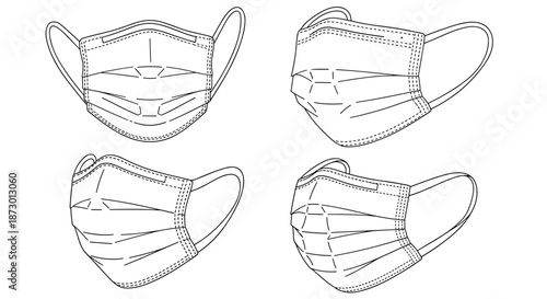 Set of four medical face masks from different angles in a black and white line art style for health and safety illustrations.