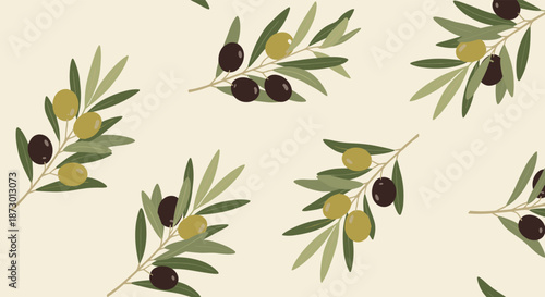 Seamless pattern with hand-drawn green and black olive branches on a light background, perfect for Mediterranean-themed designs.
