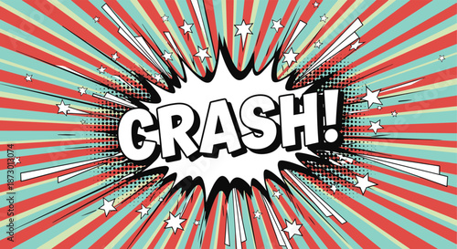 Retro comic book background with the word CRASH in a speech bubble, surrounded by stars and radial lines for an action effect.