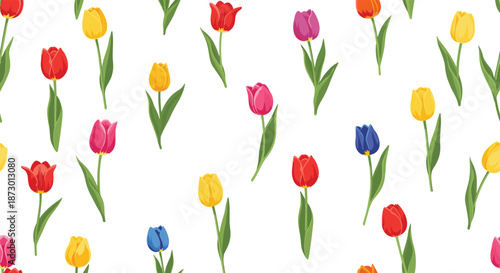 Seamless pattern with colorful tulip flowers in yellow, red, blue, and pink on a white background for a fresh spring design.