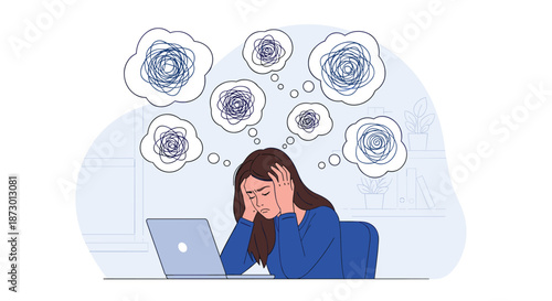 Stressed and overwhelmed woman at her laptop with tangled thoughts in bubbles above her head, representing anxiety and burnout.