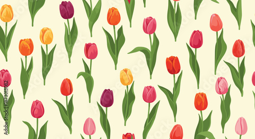 Seamless floral pattern with colorful tulip flowers in yellow, red, and purple on a light background for spring or Easter.