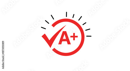 Red A-plus grade icon with a check mark, symbolizing excellent school performance, high test scores, and academic achievement.