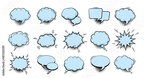 Collection of empty blue comic speech bubbles with halftone shadows in various shapes, including clouds, explosions, and squares.