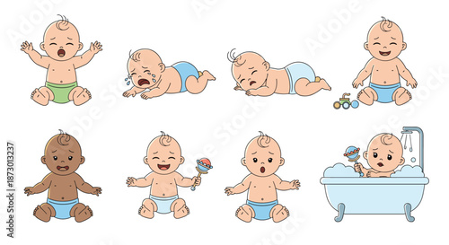 Diverse collection of cute cartoon babies in various emotional states and daily activities, from crying and laughing to sleeping and taking a bath.