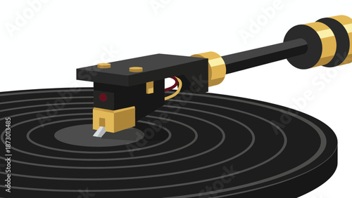 Closeup of a record players tonearm and stylus on a vinyl record.