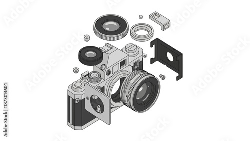 Exploded view of a vintage camera showing its disassembled components.
