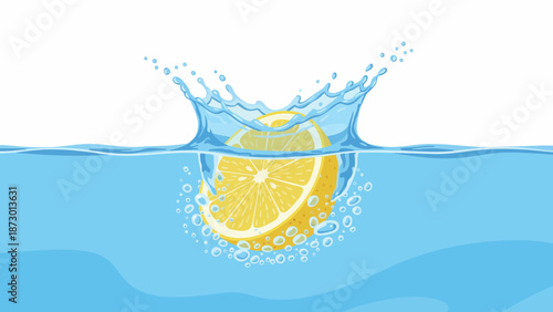 Fresh Lemon Slice Splashing into Clear Blue Water.
