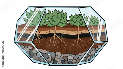 Geometric Terrarium with Succulents and Visible Soil Layers.