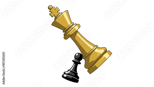 Golden King Chess Piece Falling on Black Pawn.
