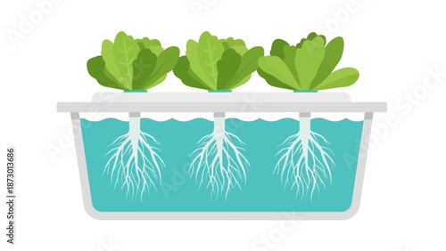 Hydroponic lettuce plants growing in water with visible roots.