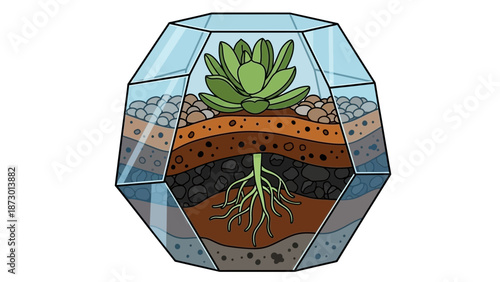Terrarium with Layers of Soil and Plant Roots Visible.