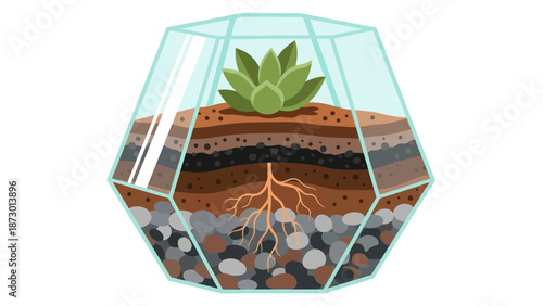 Succulent Terrarium with Visible Soil Layers and Roots.