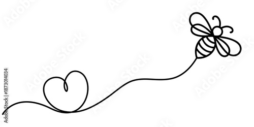 Bee continuous one line drawing and minimalist style isolate outline vector illustration, Minimalist one line drawing of a flying bee with a wavy trail symbolizing movement and energy, perfect