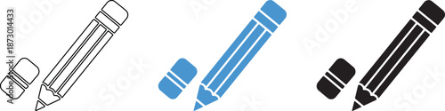 Set of Pencil and Eraser Icons in Black White and Blue Colors
